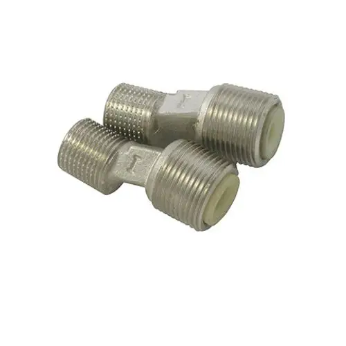Zwei metallische S-Anschlüsse mit Gewinden, in der Mitte verbunden, die für Kludi-Produkte geeignet sind. Ideal für Installationen mit Schalldämpfung.